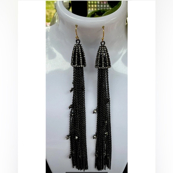 🆕 ALEXIS BITTAR Crystal Cascading Long Gunmetal Chain Tassel Earrings-NWOT - Picture 1 of 6